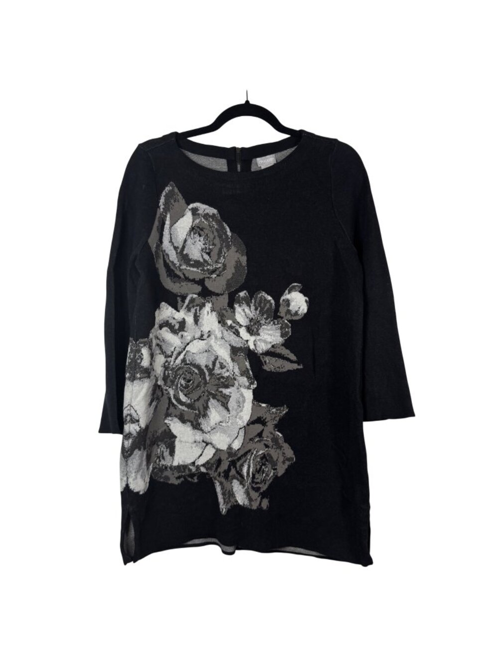 Chicos Womens Medium Black Floral Knit Tunic 3/4 Sleeve Back Zip